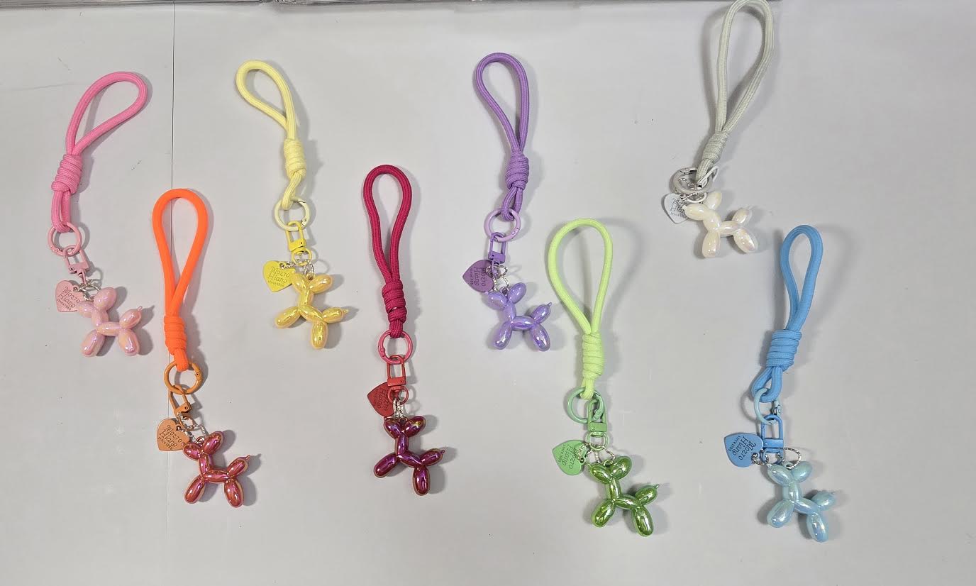 Balloon Dog Keychains in multiple colors with braided nylon lanyards
