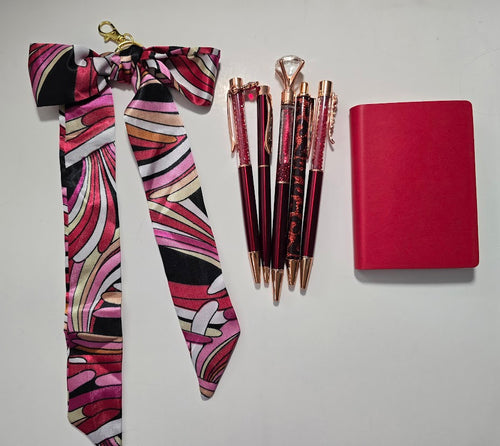 Bold Red Bundle — 5 pens, mini notebook, and floral bag scarf in red tones