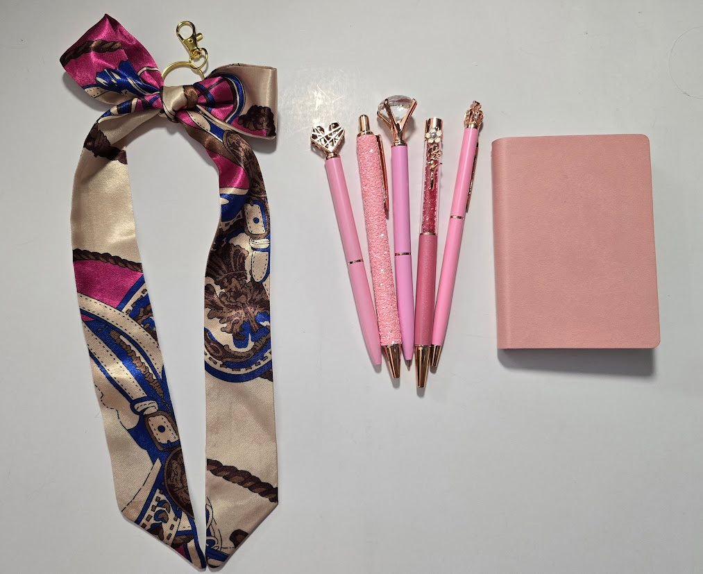 Soft Blush Pink Bundle — 5 pens, mini notebook, and baroque-print bag scarf in pink and gold tones