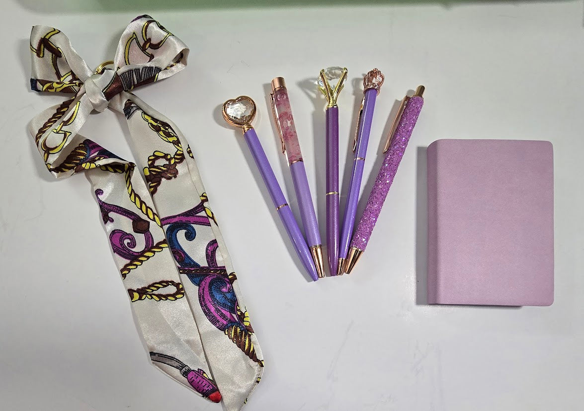 Purple Curated Bundle with 5 pens, mini notebook and bag scarf