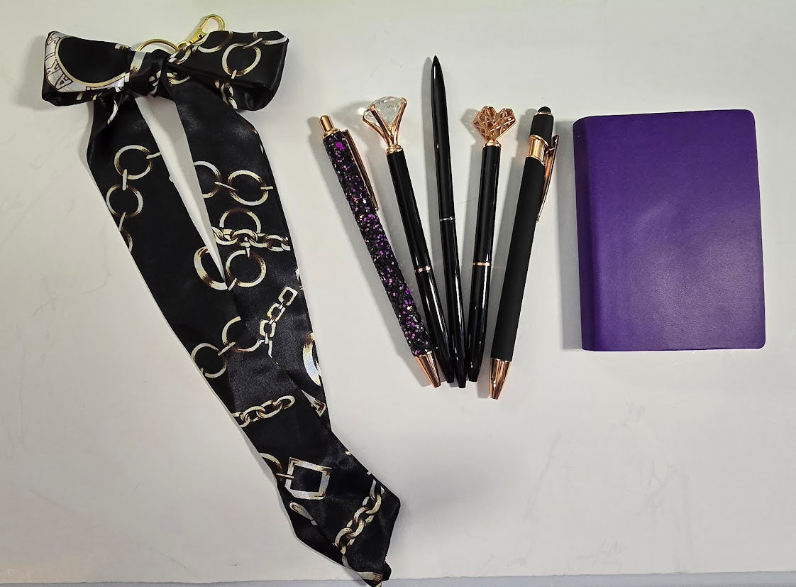 Black & Purple Bundle — 5 Pens + Mini Notebook + Bag Scarf