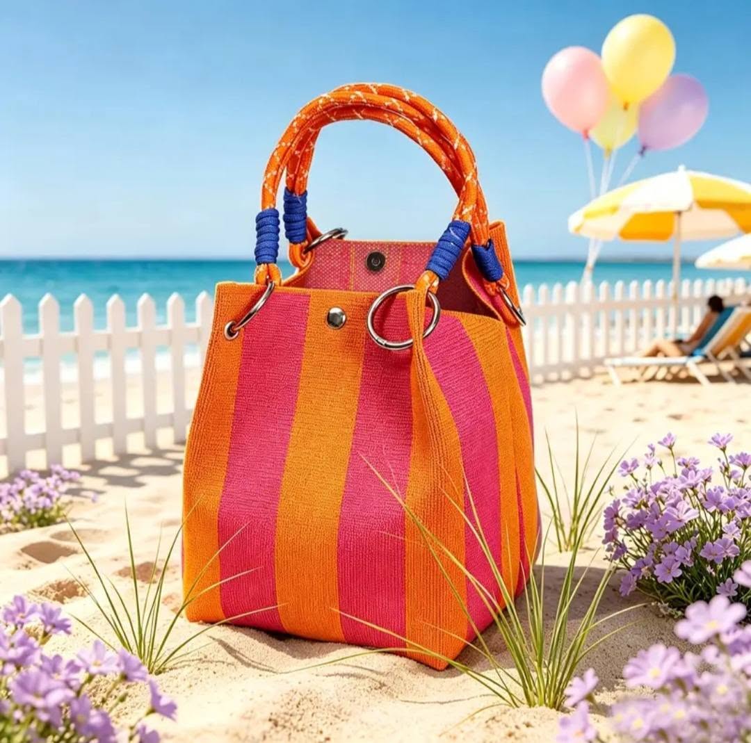 Knitted orange and hot pink stripe handbag on a beach