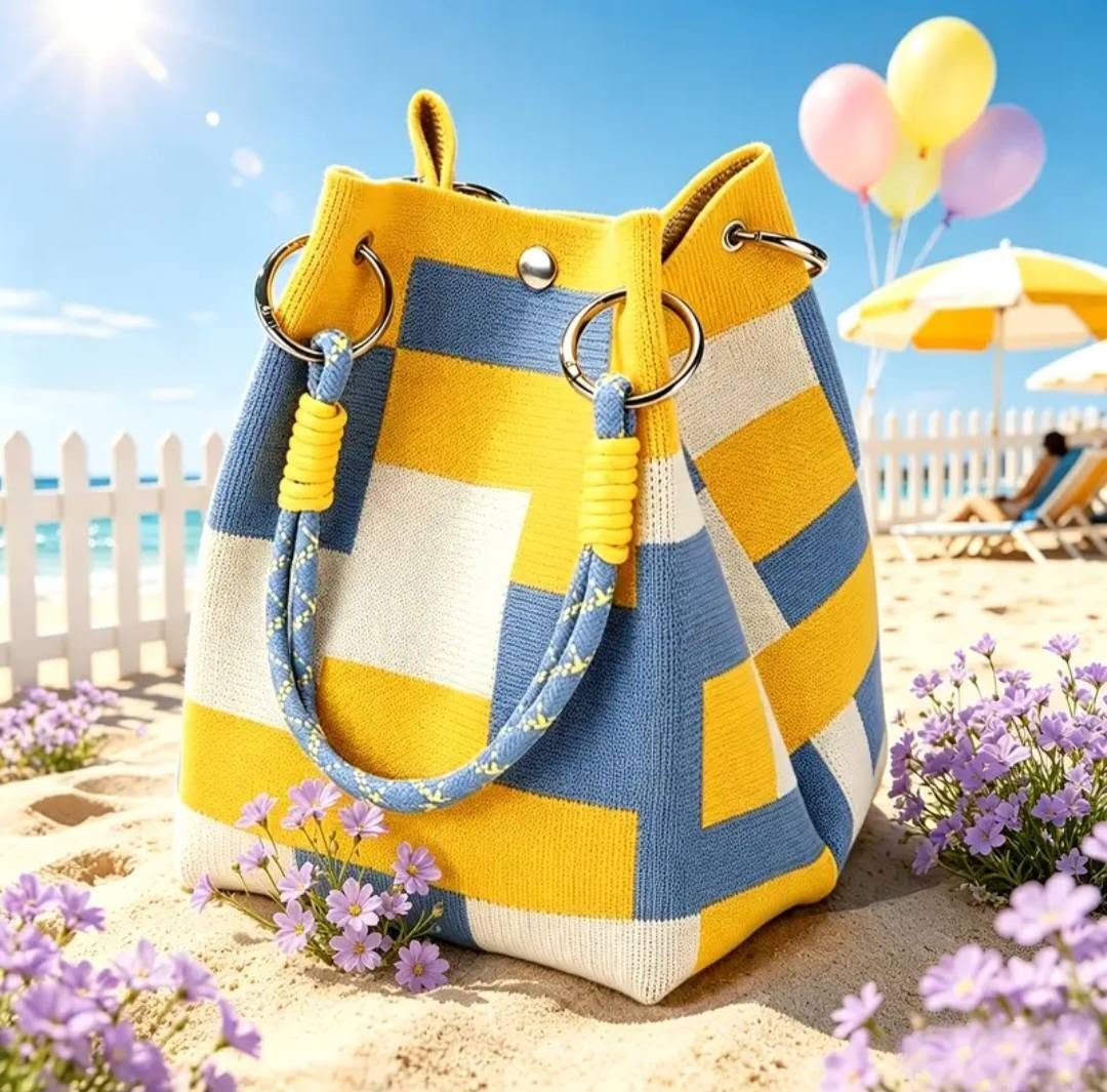 Blue Horizon yellow blue and white patchwork knitted fashion tote on a beach