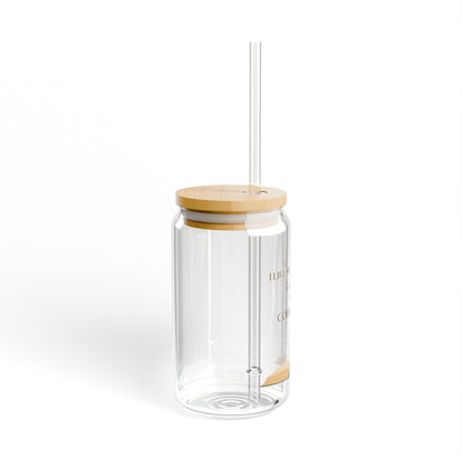 16oz Glass Sipper Cup with Bamboo Lid — "I Like My Books Cozy & My Coffee Icy"