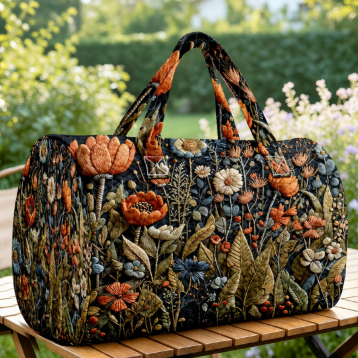 Quilted Navy Vintage Floral & Tulip Daisy Duffle Bag