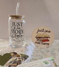 Just One More Chapter open book design glass and coaster set