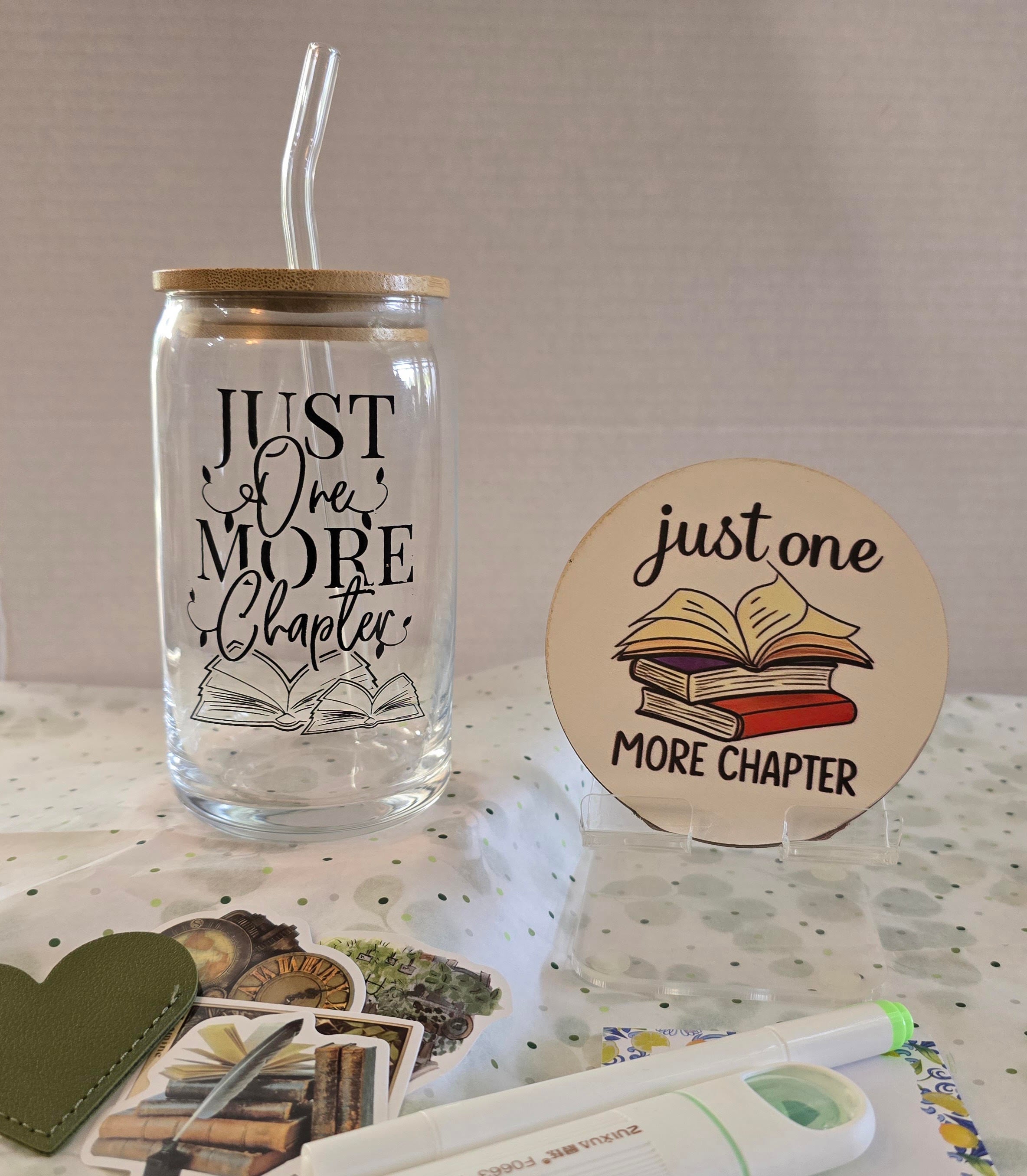 Just One More Chapter open book design glass and coaster set