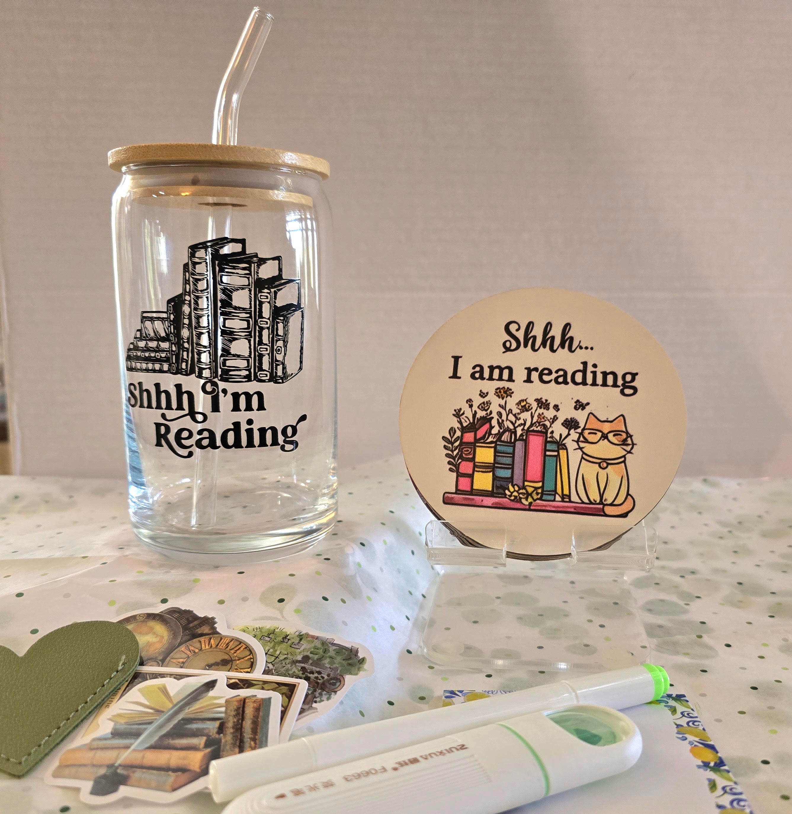 Shhh I'm Reading glass and coaster set with cat coaster